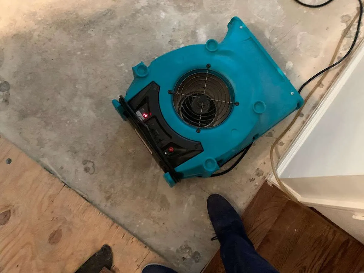 Air mover drying subfloor during Leak Detection & Repair in Montville